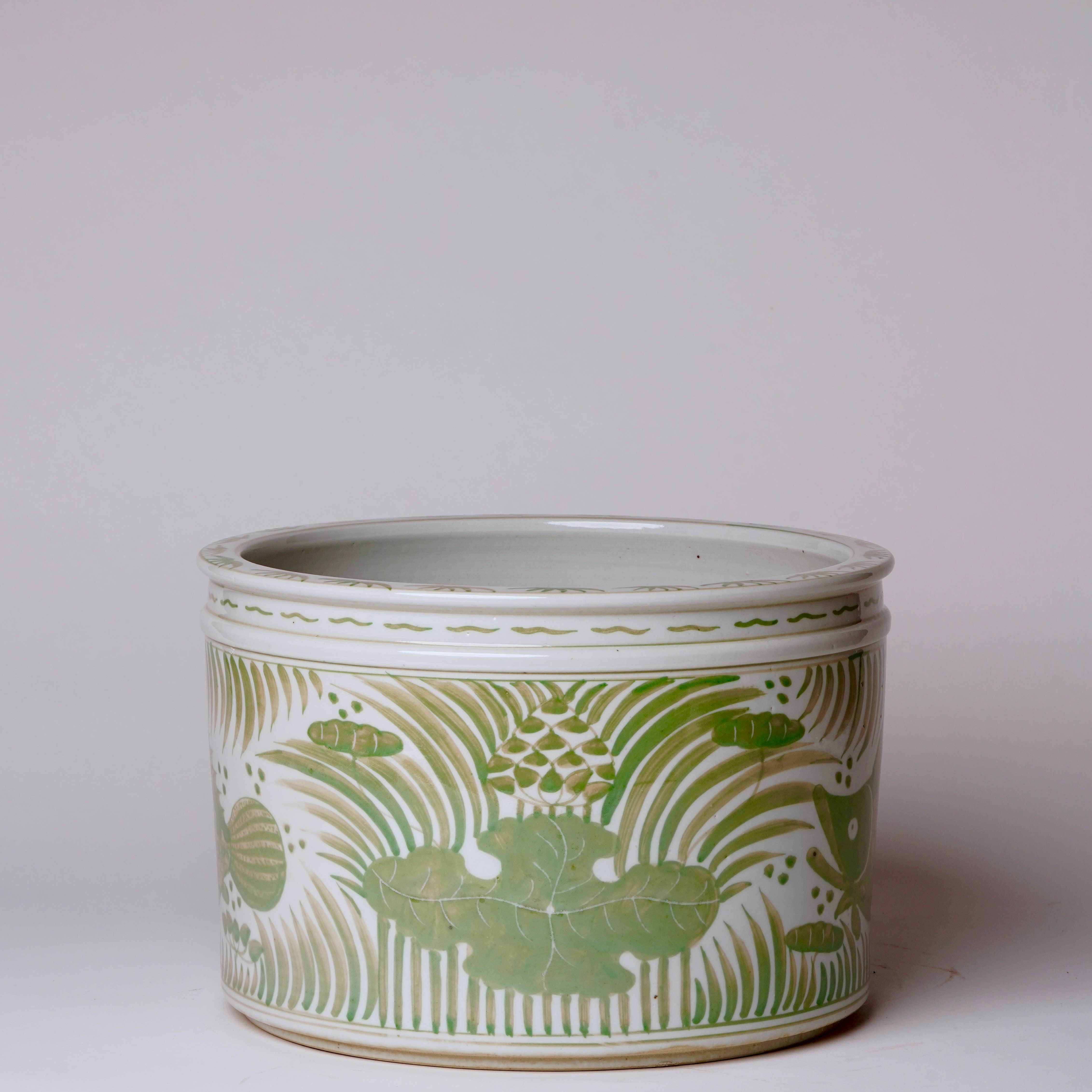 Cobalt Guild Home Decor Green and White Porcelain Fish and Lotus Wide Cachepot