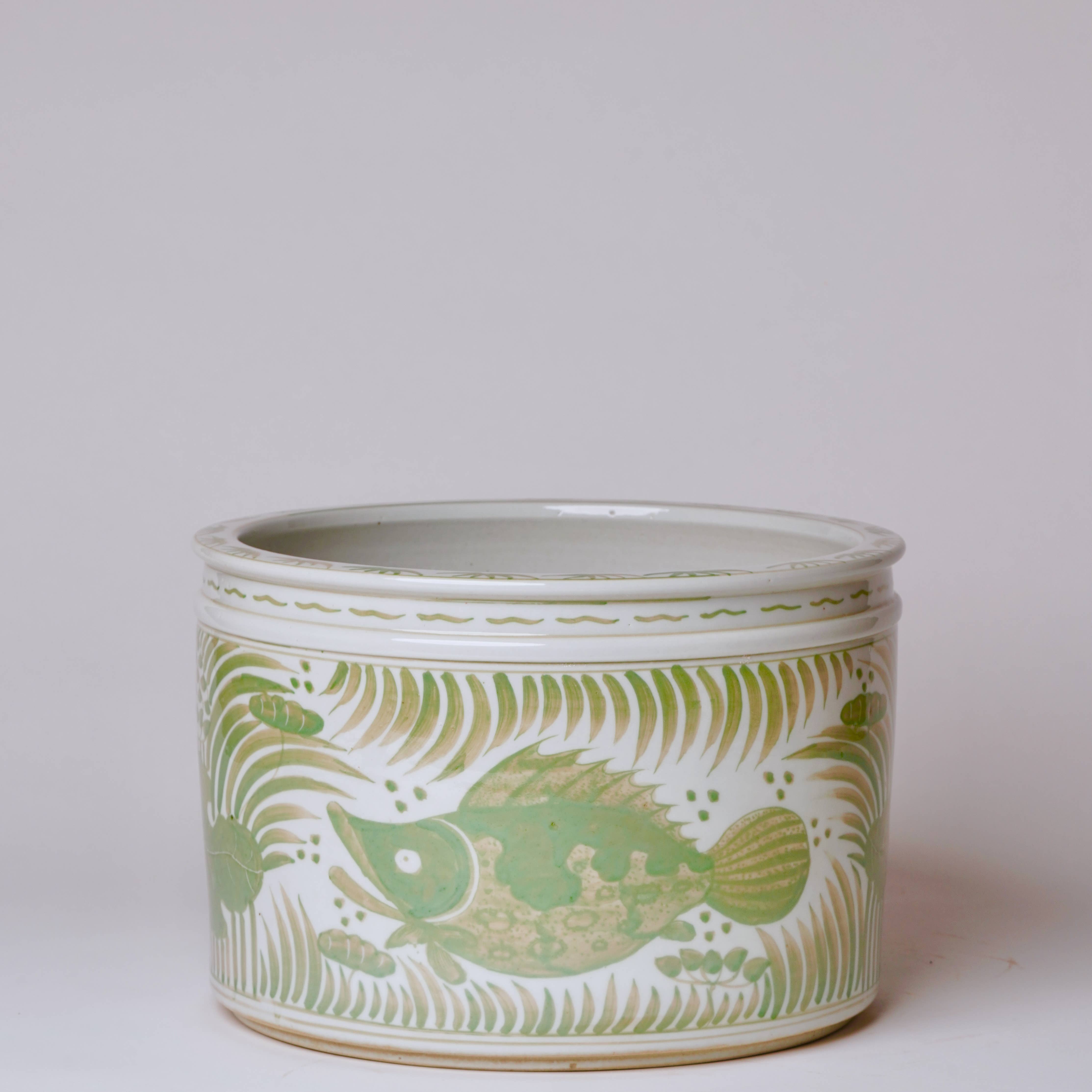 Cobalt Guild Home Decor Green and White Porcelain Fish and Lotus Wide Cachepot