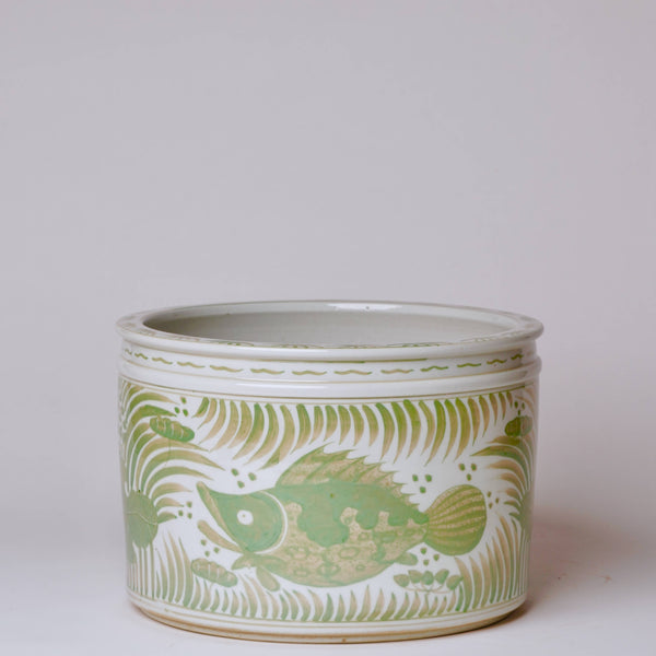 Cobalt Guild Home Decor Green and White Porcelain Fish and Lotus Wide Cachepot