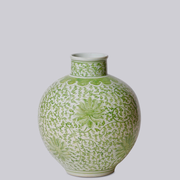 Cobalt Guild Home Decor Green and White Porcelain Scrolling Lotus Globe Vase