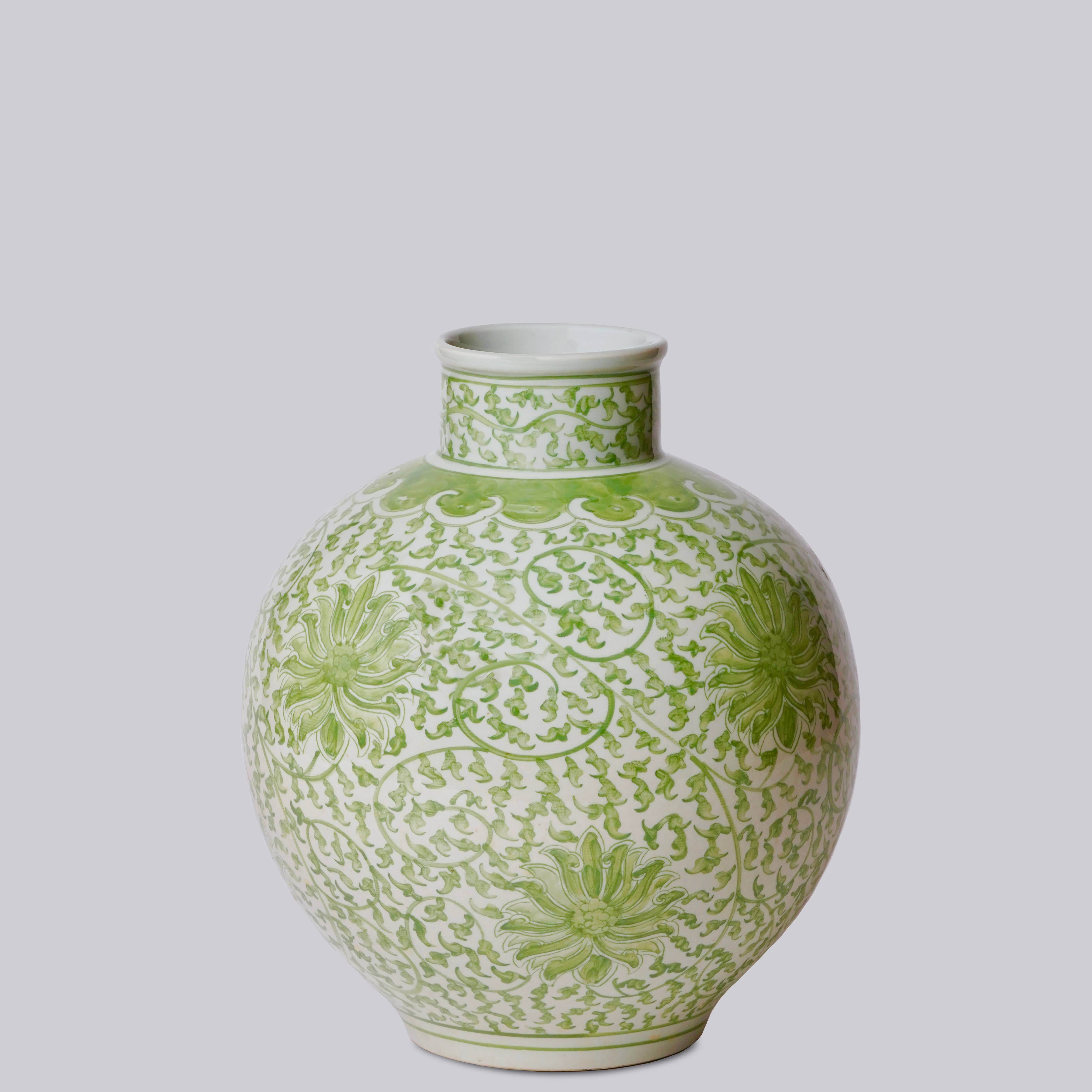 Cobalt Guild Home Decor Green and White Porcelain Scrolling Lotus Globe Vase