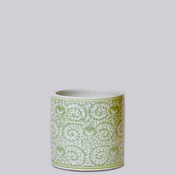 Cobalt Guild Home Decor Green and White Porcelain Scrolling Peony Cachepot