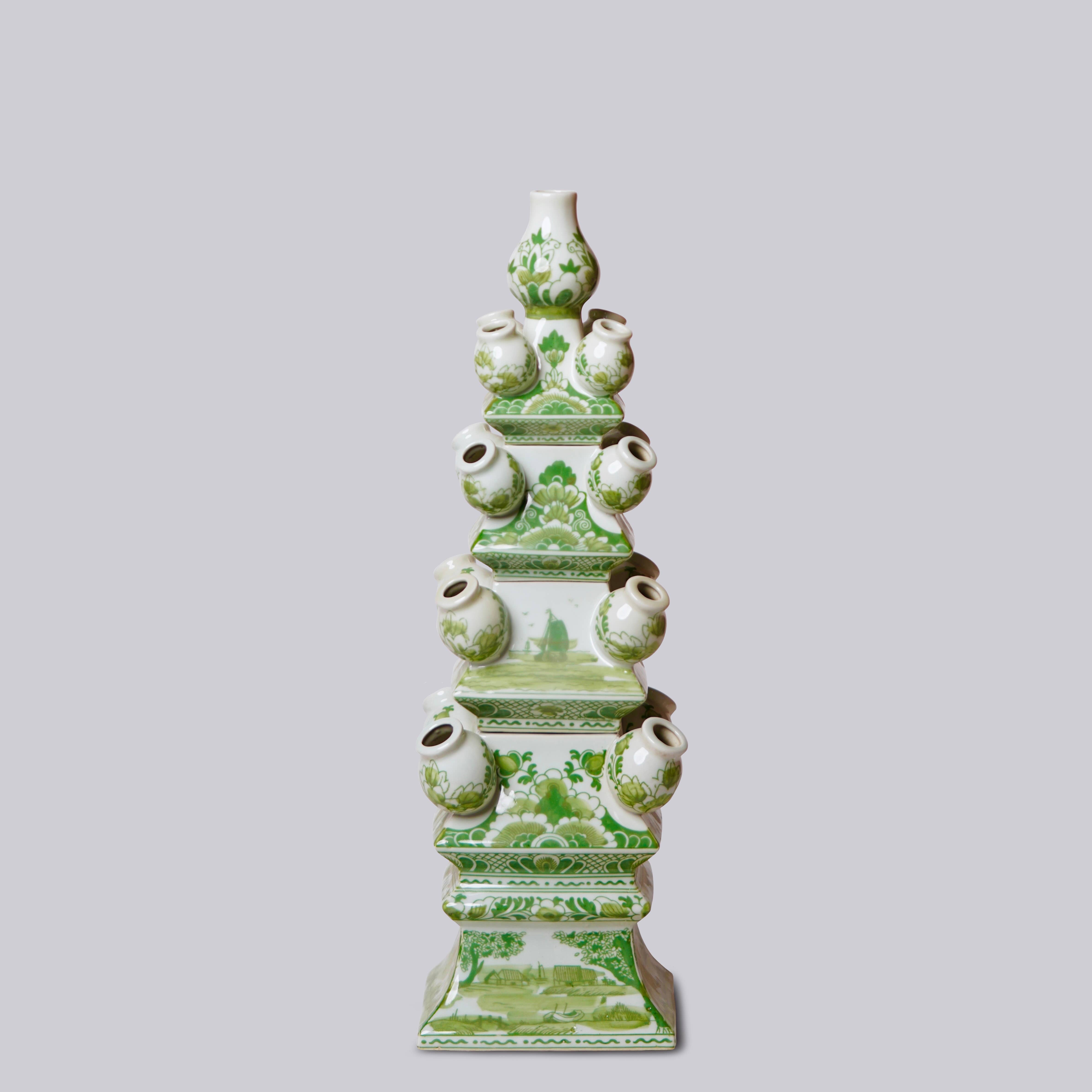 Cobalt Guild Home Decor Green and White Short Porcelain Tulipiere