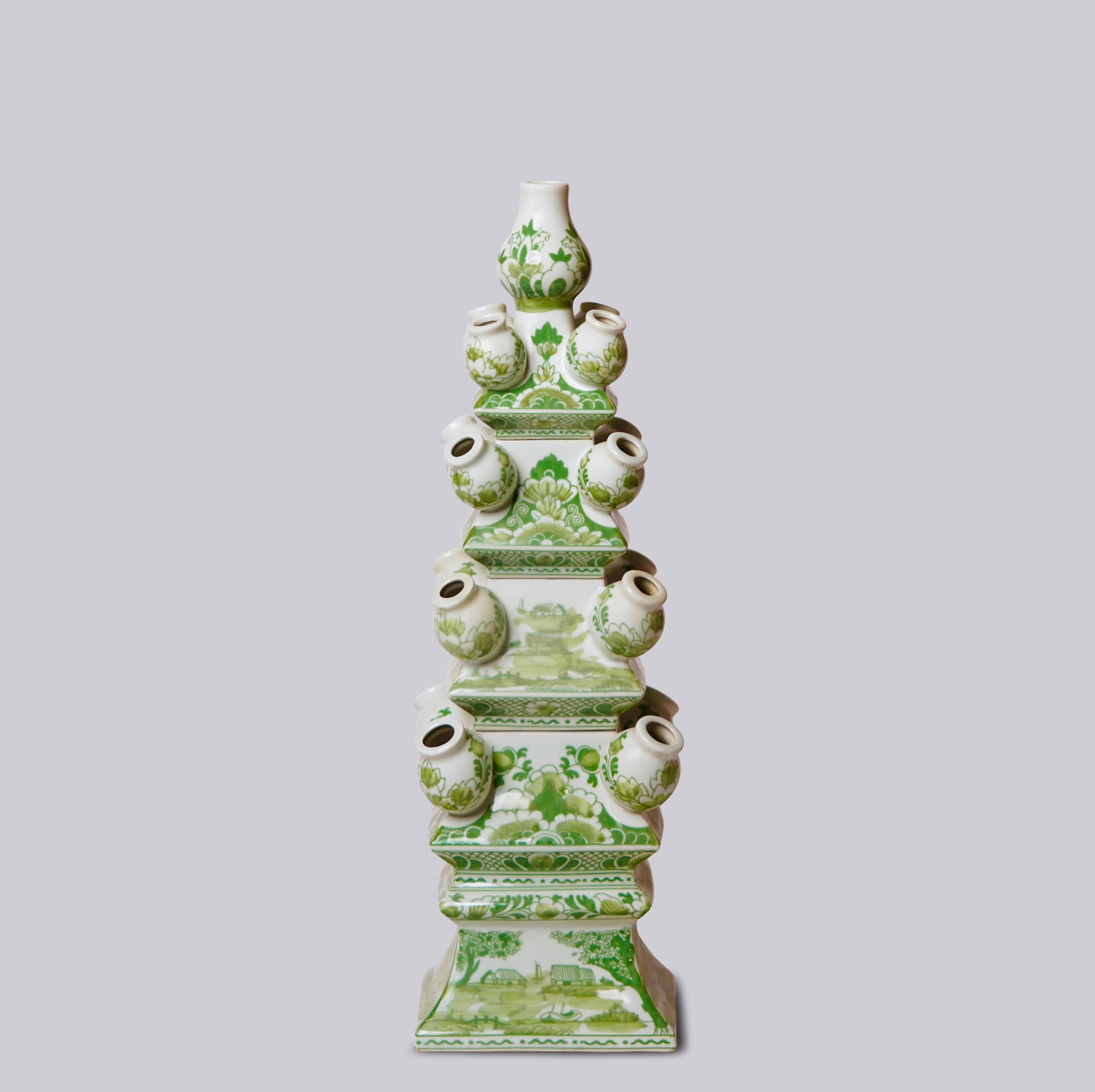 Cobalt Guild Home Decor Green and White Short Porcelain Tulipiere