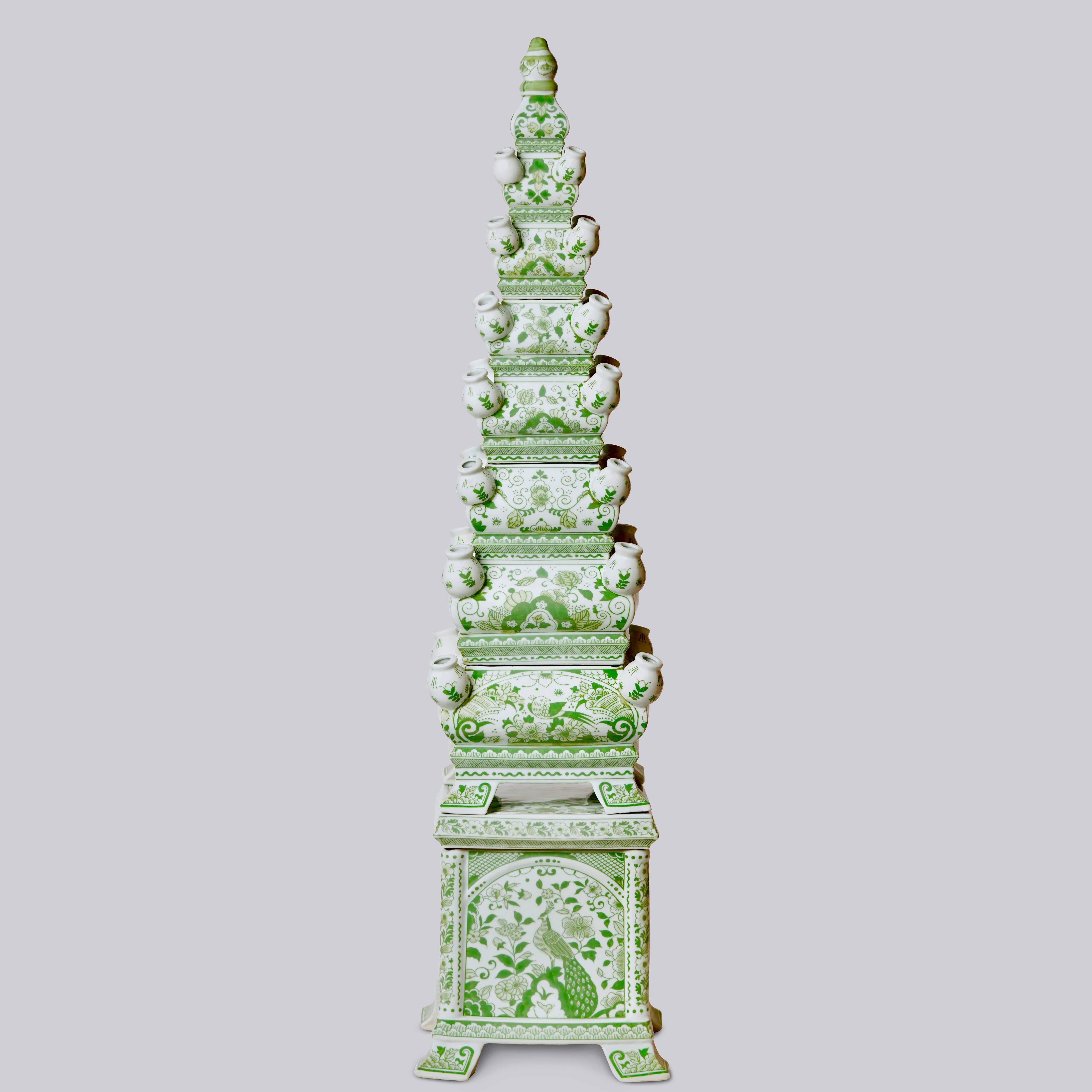 Cobalt Guild Home Decor Green and White Tall Porcelain Tulipiere