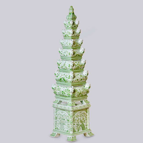 Cobalt Guild Home Decor Green and White Tall Porcelain Tulipiere
