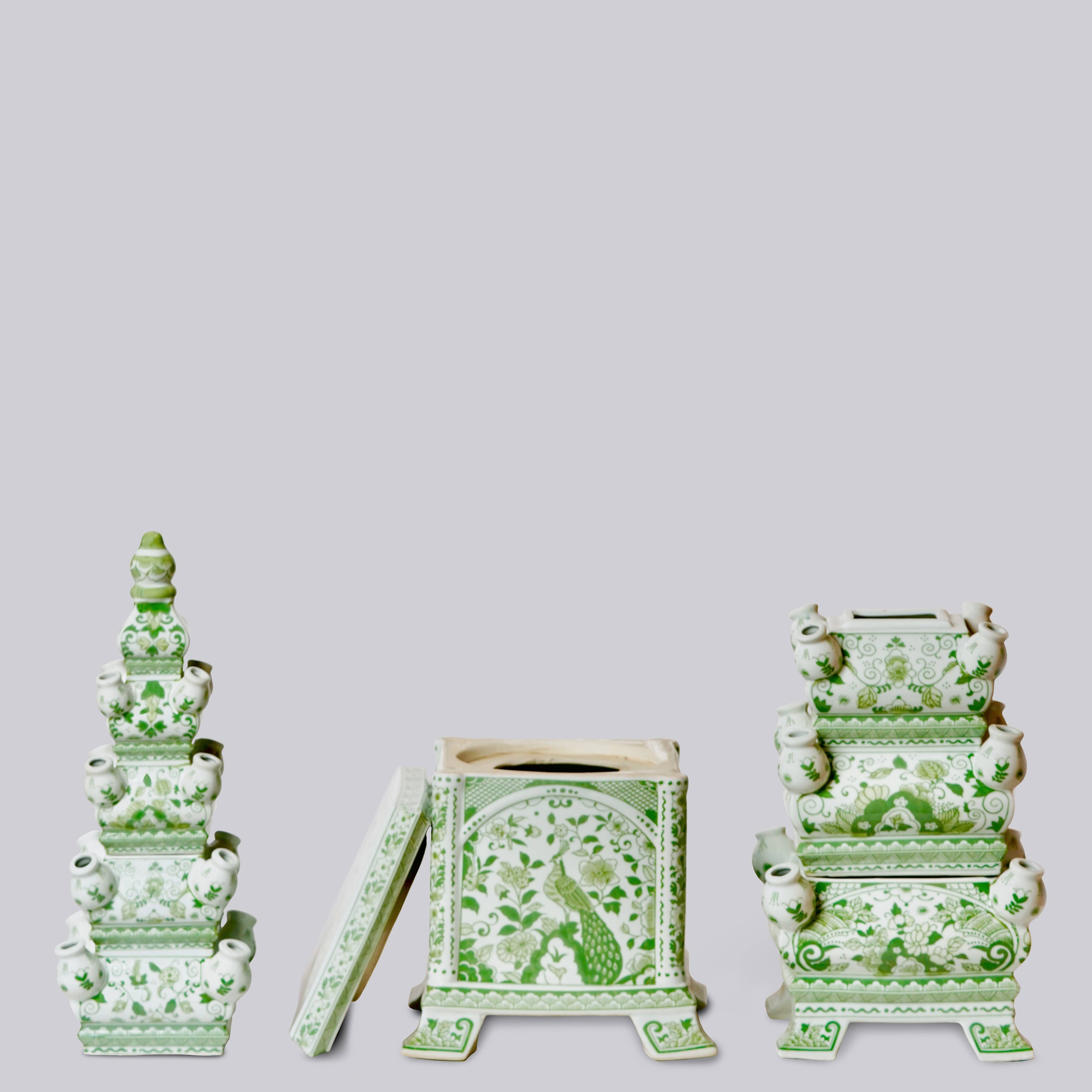 Cobalt Guild Home Decor Green and White Tall Porcelain Tulipiere