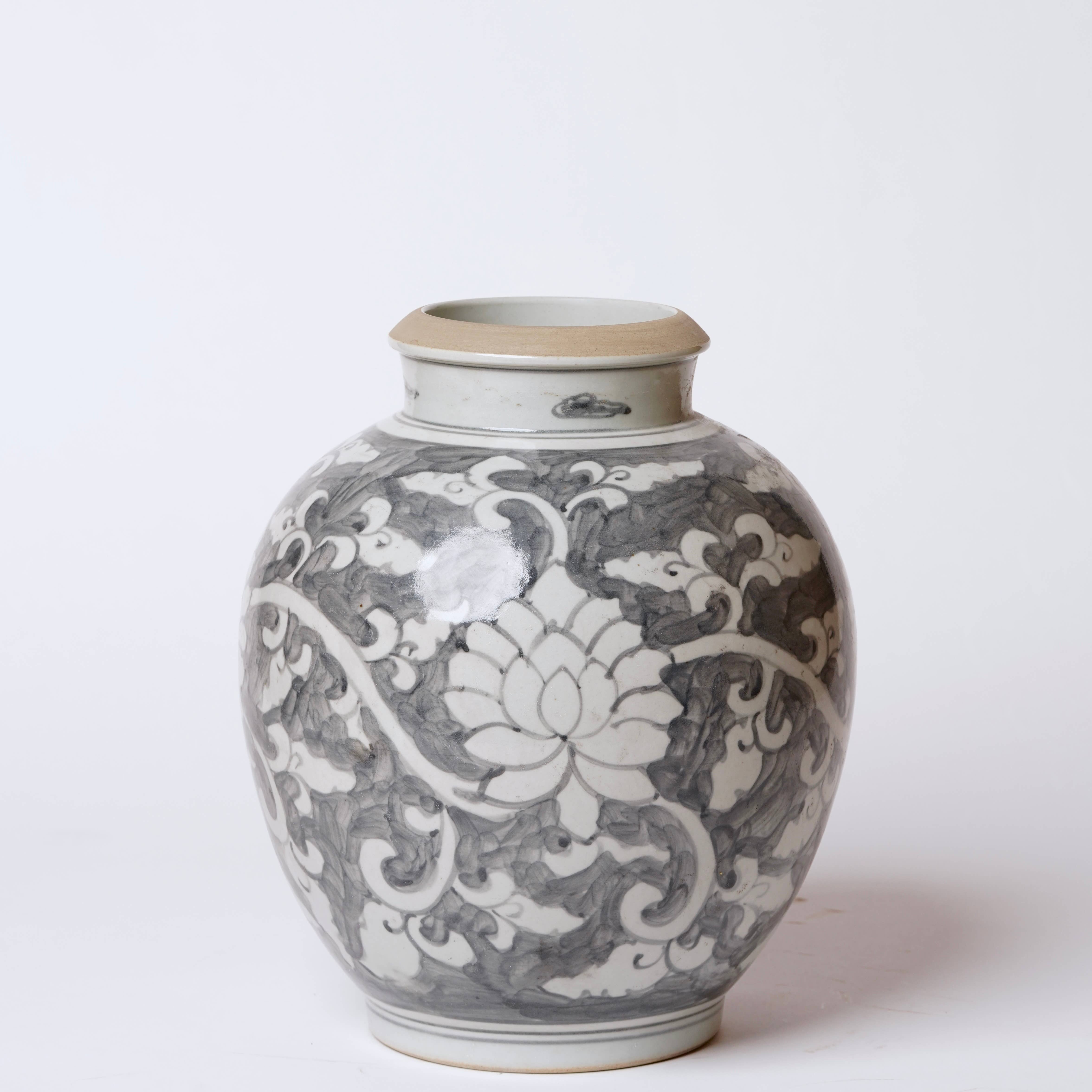 Cobalt Guild Home Decor Grey and White Porcelain Rustic Lotus Jar