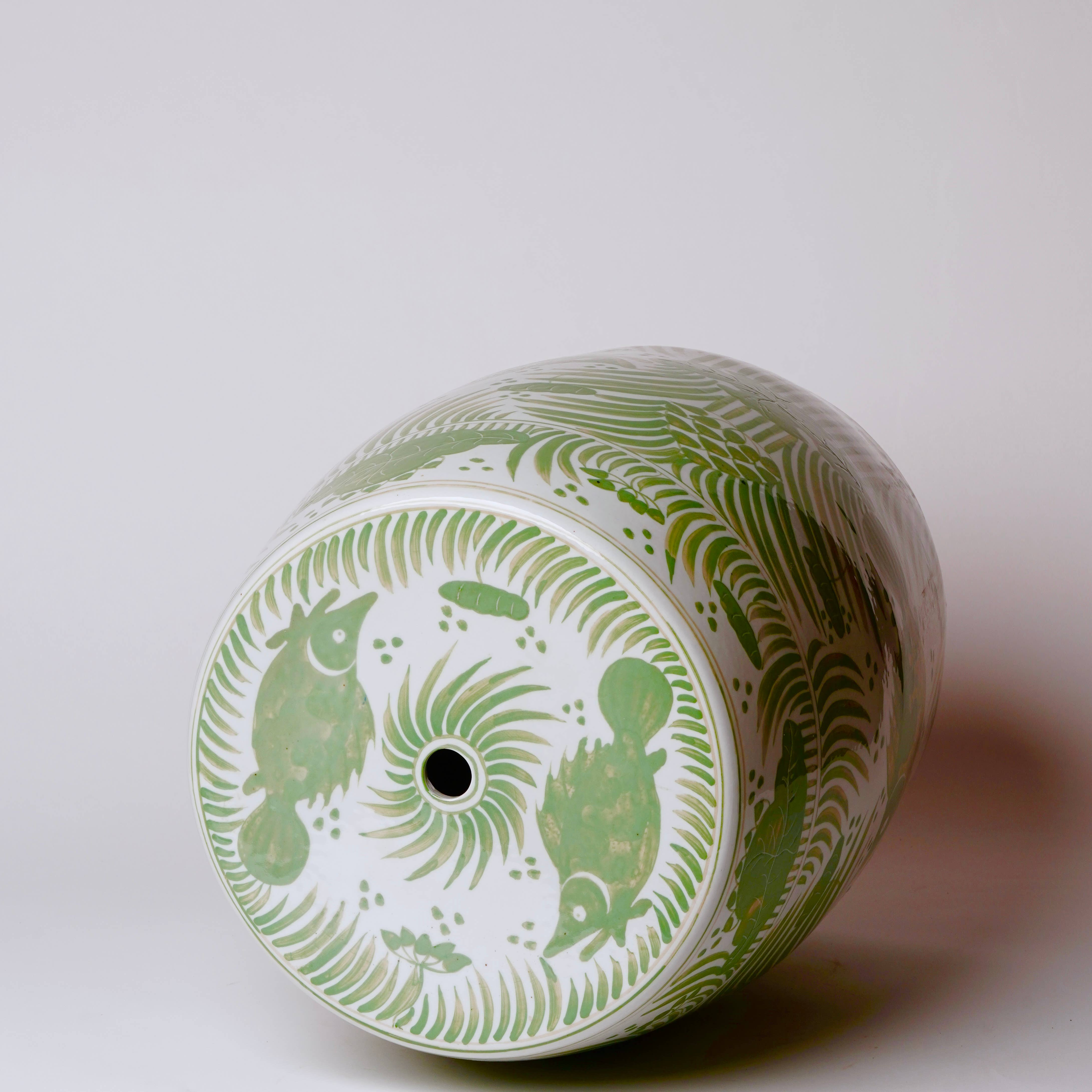 Cobalt Guild Home Decor Hand Painted Fish & Lotus Green & White Porcelain Garden Seat