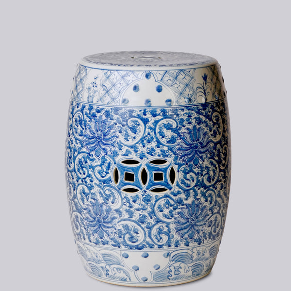 Cobalt Guild Home Decor Hand Painted Lotus Blue and White Porcelain Garden Seat