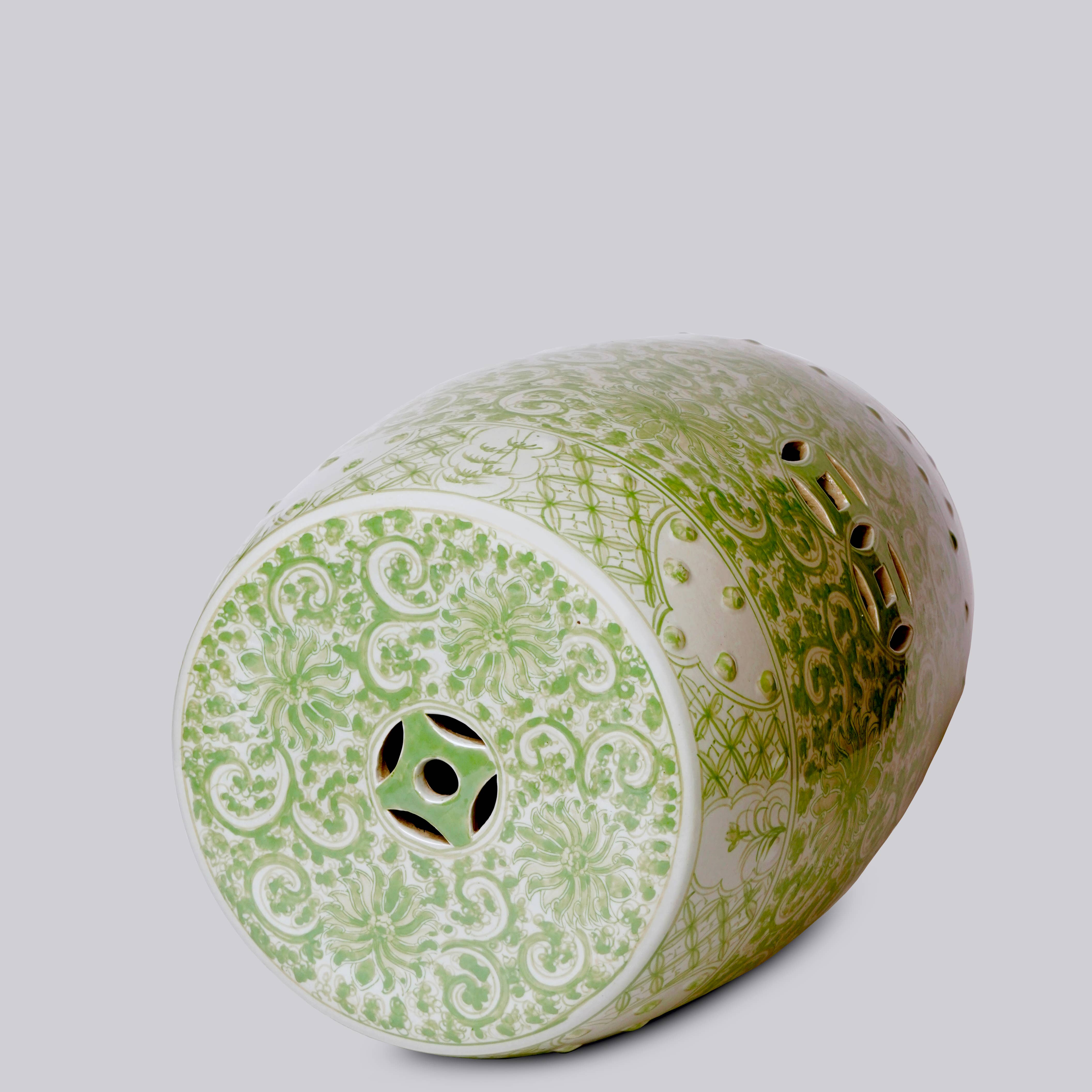 Cobalt Guild Home Decor Hand Painted Lotus Green and White Porcelain Garden Seat