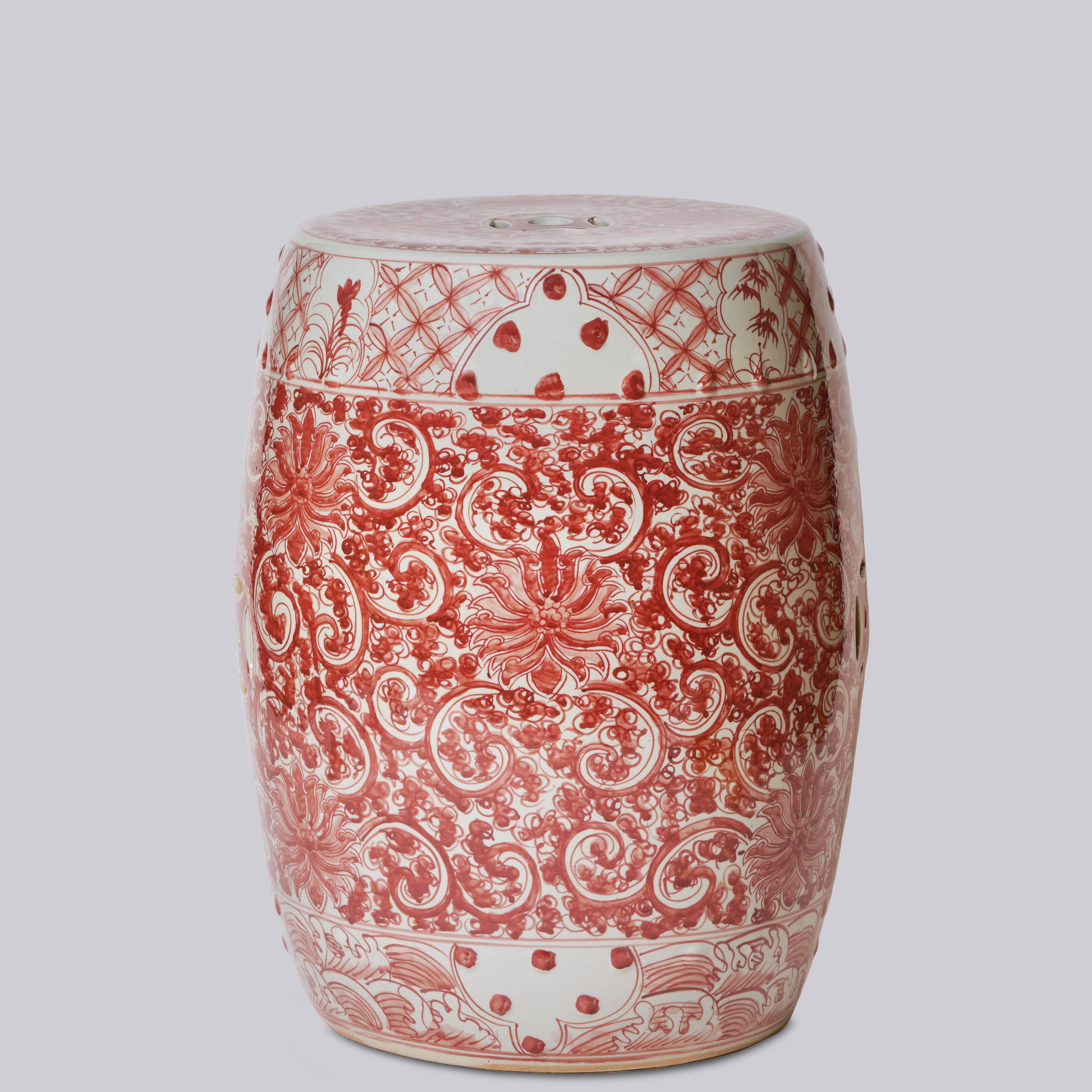 Cobalt Guild Home Decor Hand Painted Lotus Red and White Porcelain Garden Seat