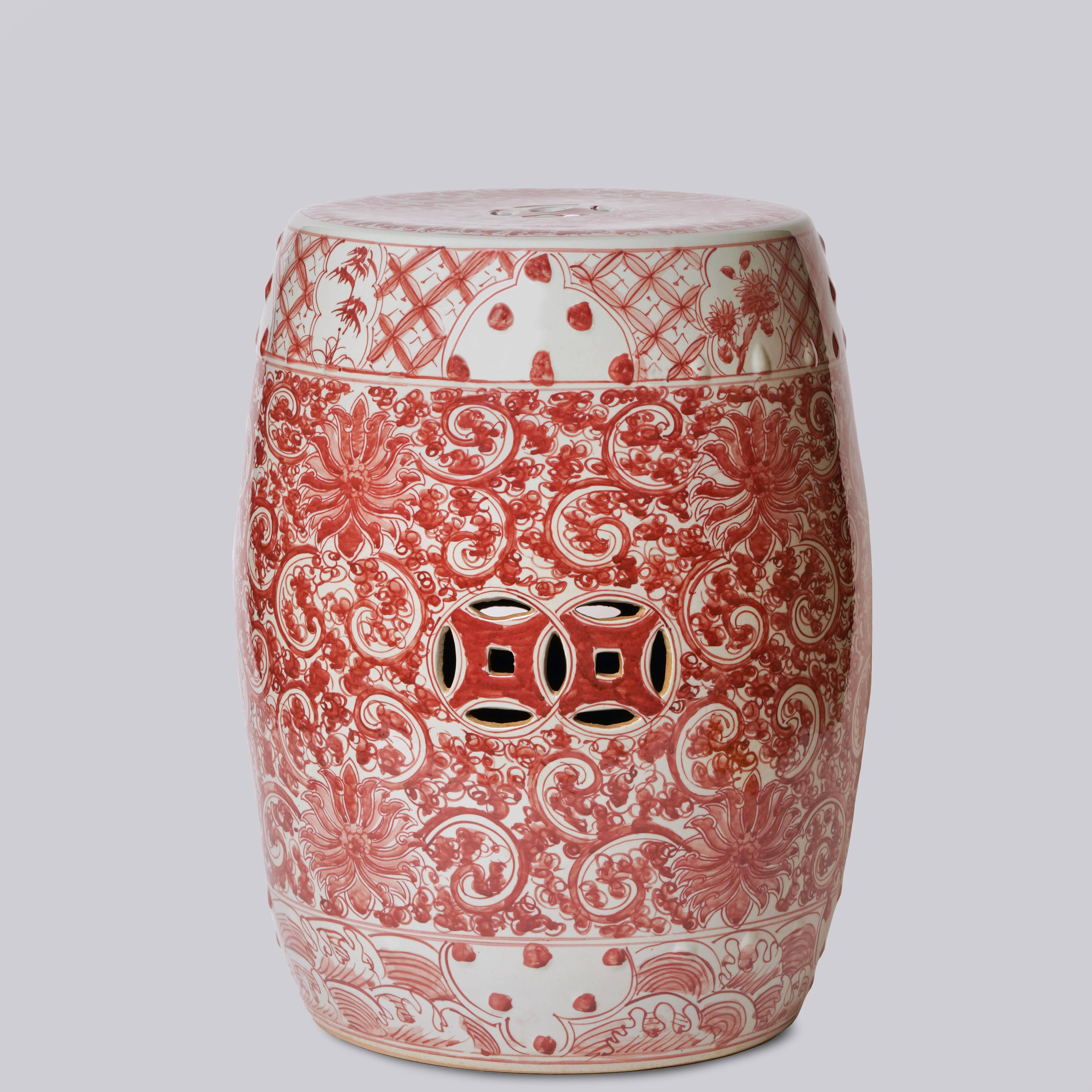 Cobalt Guild Home Decor Hand Painted Lotus Red and White Porcelain Garden Seat