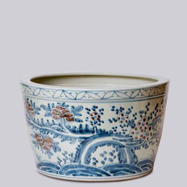 Cobalt Guild Home Decor Large Floral Blue & Red Porcelain Planter