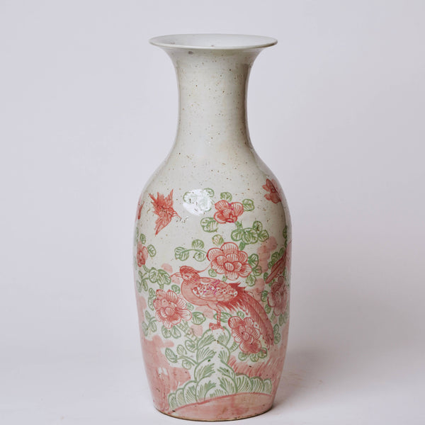 Cobalt Guild Home Decor Large Pink and Green Bird and Flower Porcelain Mallet Vase