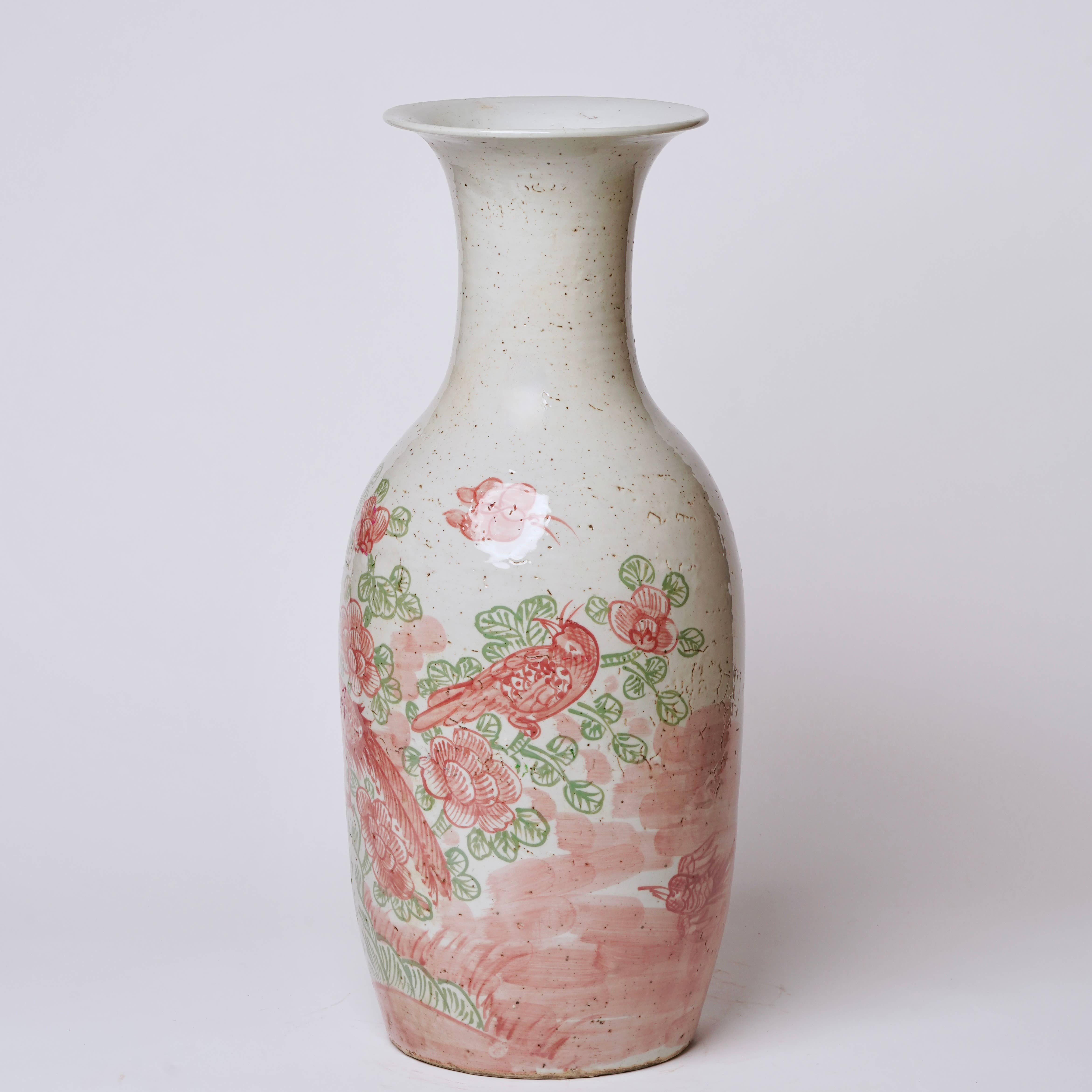 Cobalt Guild Home Decor Large Pink and Green Bird and Flower Porcelain Mallet Vase