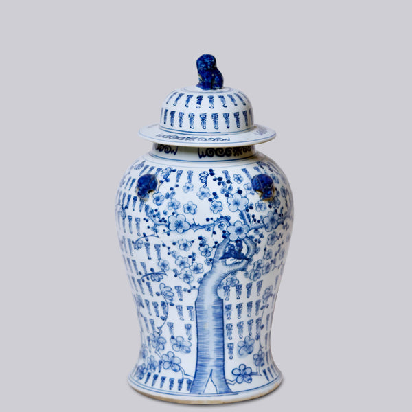 Cobalt Guild Home Decor Longevity Plum Lidded Blue and White Porcelain Temple Jar