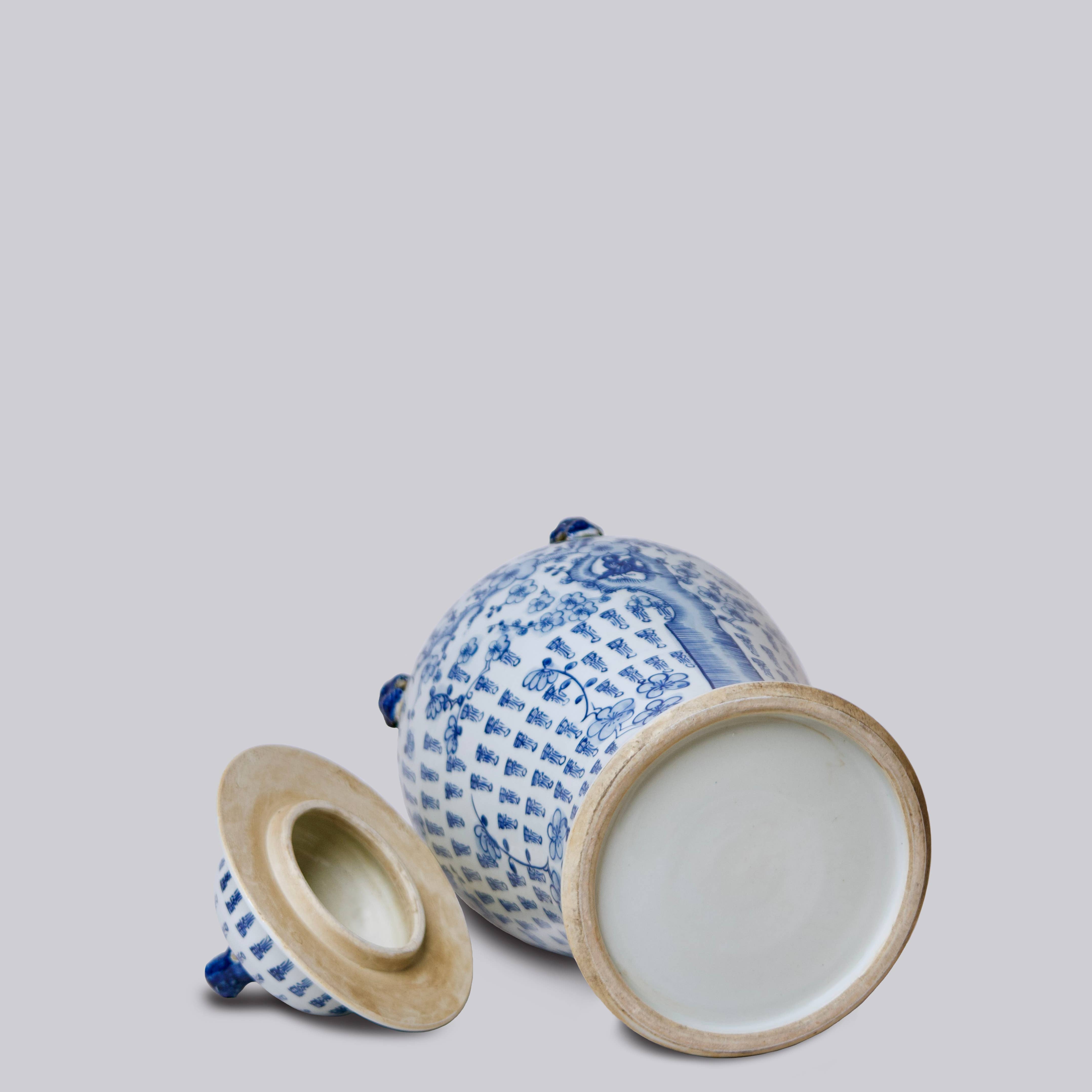 Cobalt Guild Home Decor Longevity Plum Lidded Blue and White Porcelain Temple Jar