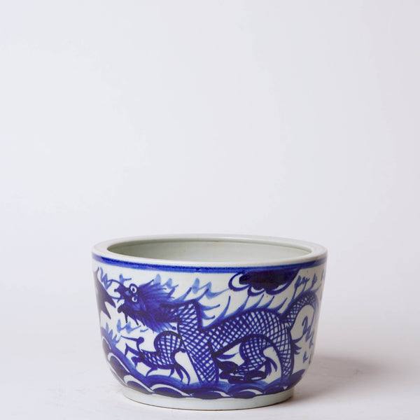 Cobalt Guild Home Decor Medium Blue and White Porcelain Hand Painted Dragon Cachepot