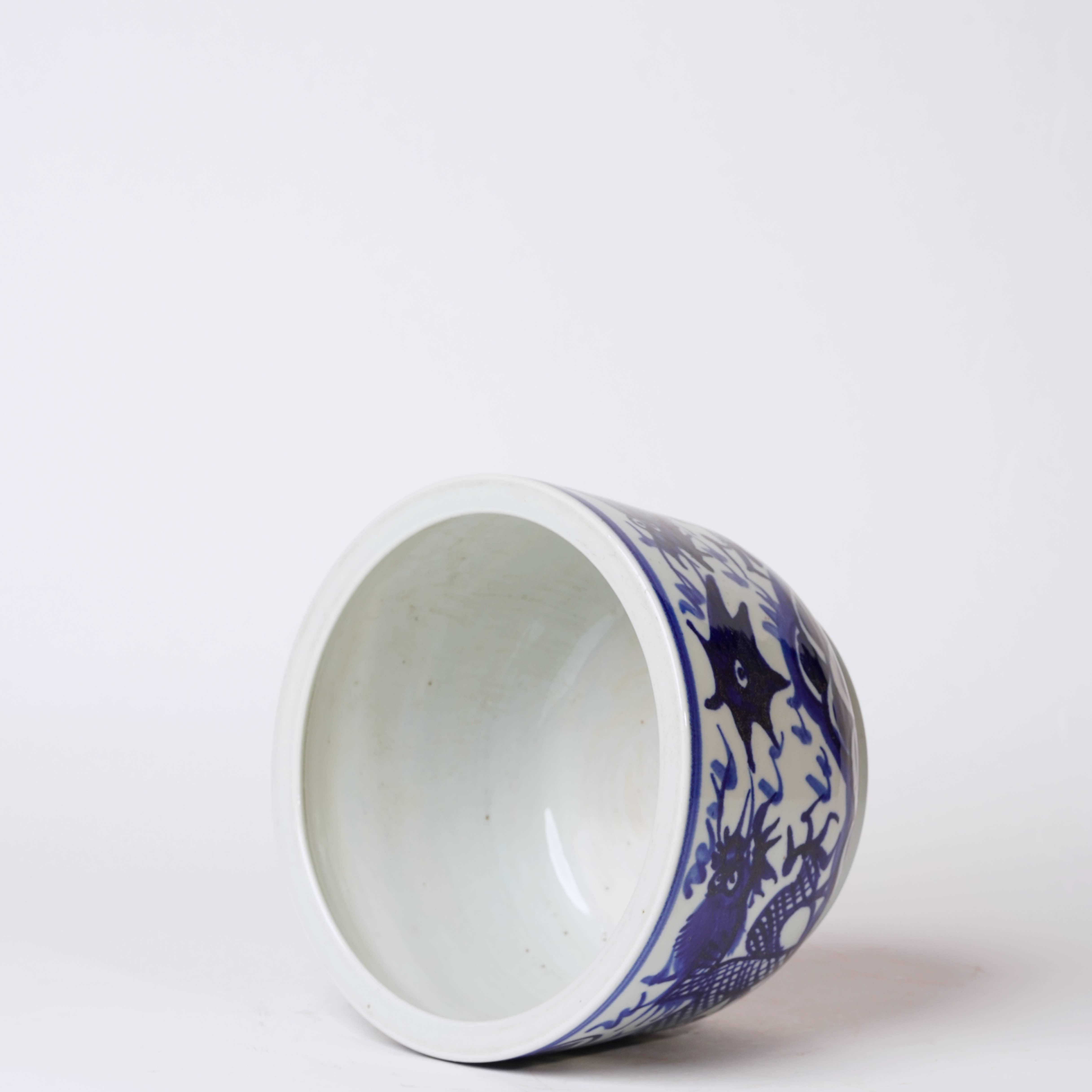 Cobalt Guild Home Decor Medium Blue and White Porcelain Hand Painted Dragon Cachepot
