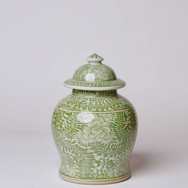Cobalt Guild Home Decor Medium Green and White Porcelain Country Peony Temple Jar
