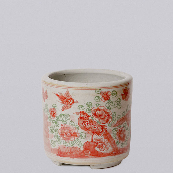 Cobalt Guild Home Decor Pink and Green Porcelain Bird and Flower Footed Cachepot
