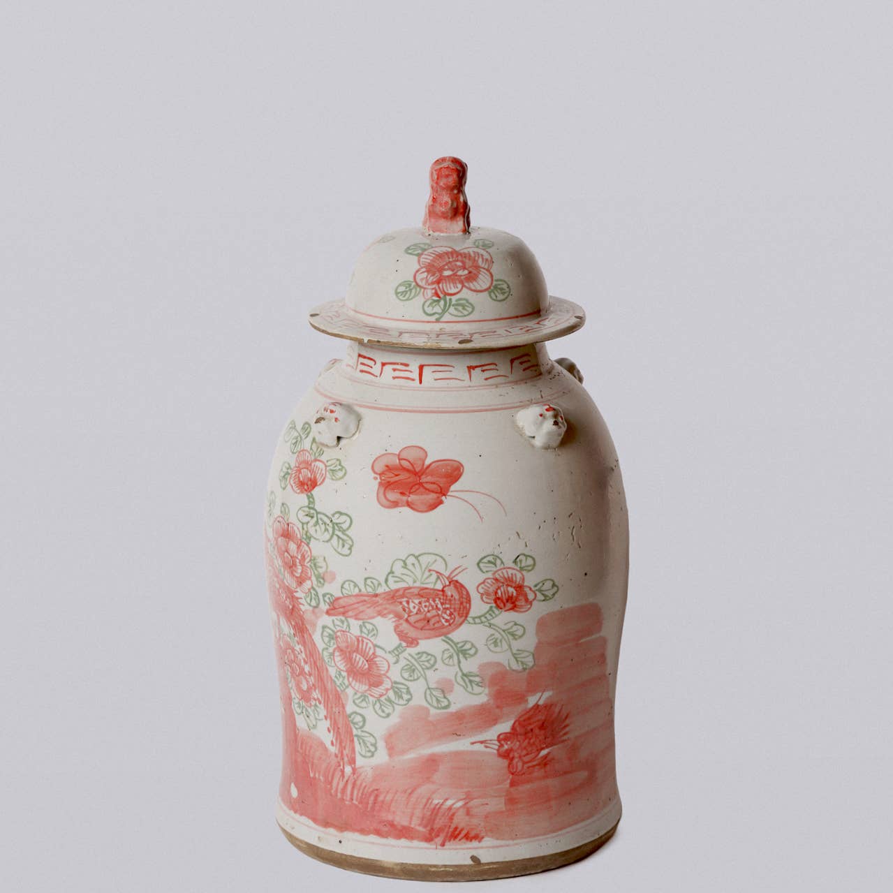 Cobalt Guild Home Decor Pink and Green Porcelain Bird and Flower Temple Jar