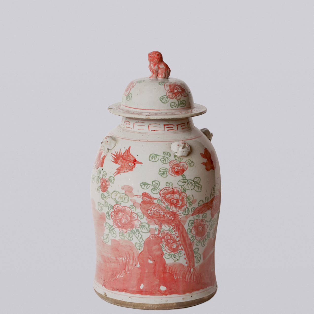 Cobalt Guild Home Decor Pink and Green Porcelain Bird and Flower Temple Jar