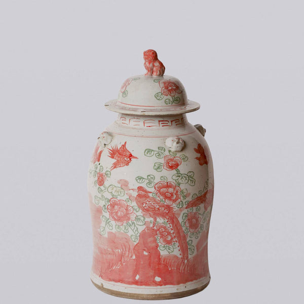 Cobalt Guild Home Decor Pink and Green Porcelain Bird and Flower Temple Jar