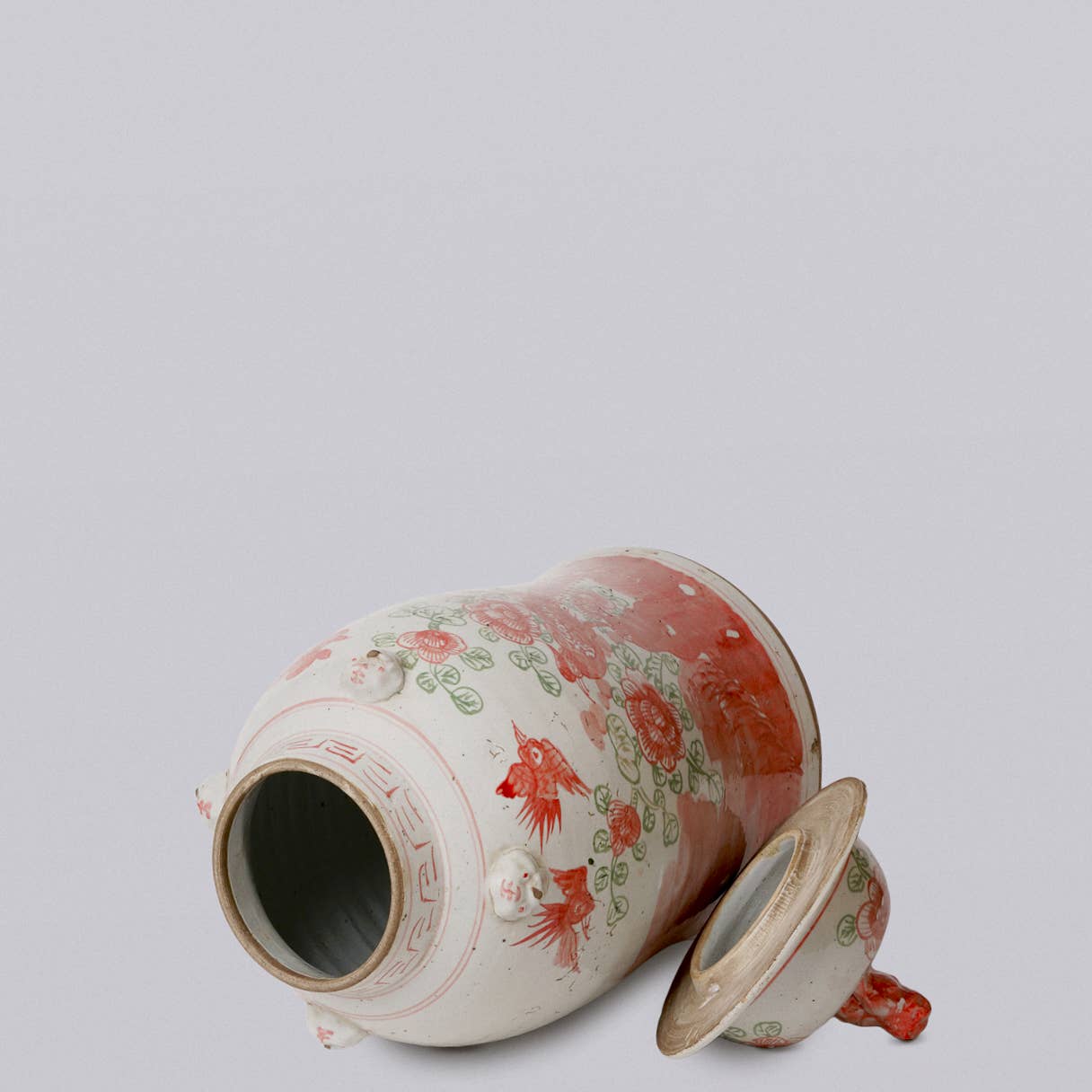 Cobalt Guild Home Decor Pink and Green Porcelain Bird and Flower Temple Jar