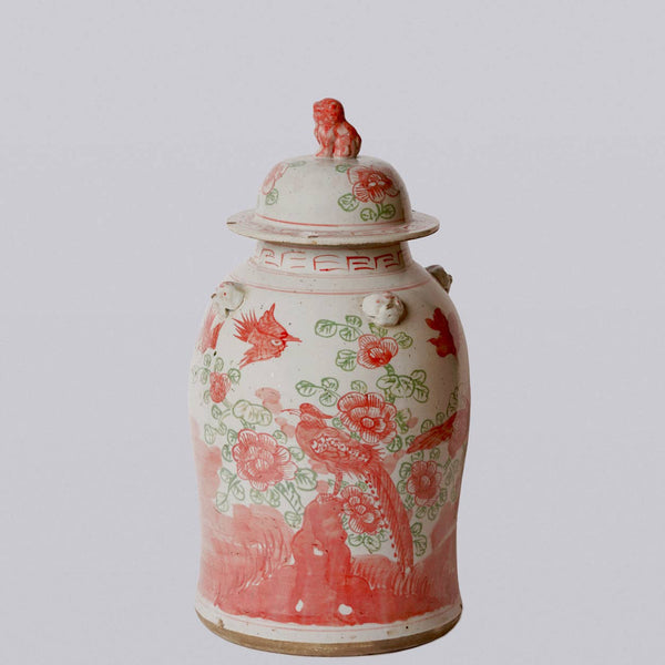 Cobalt Guild Home Decor Pink and Green Porcelain Bird and Flower Temple Jar