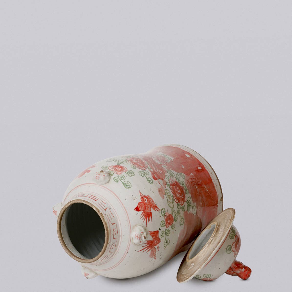 Cobalt Guild Home Decor Pink and Green Porcelain Bird and Flower Temple Jar