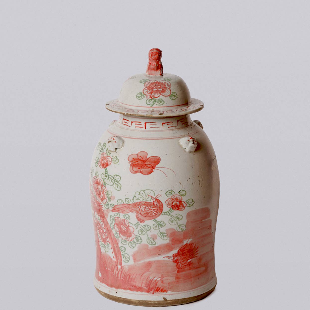 Cobalt Guild Home Decor Pink and Green Porcelain Bird and Flower Temple Jar