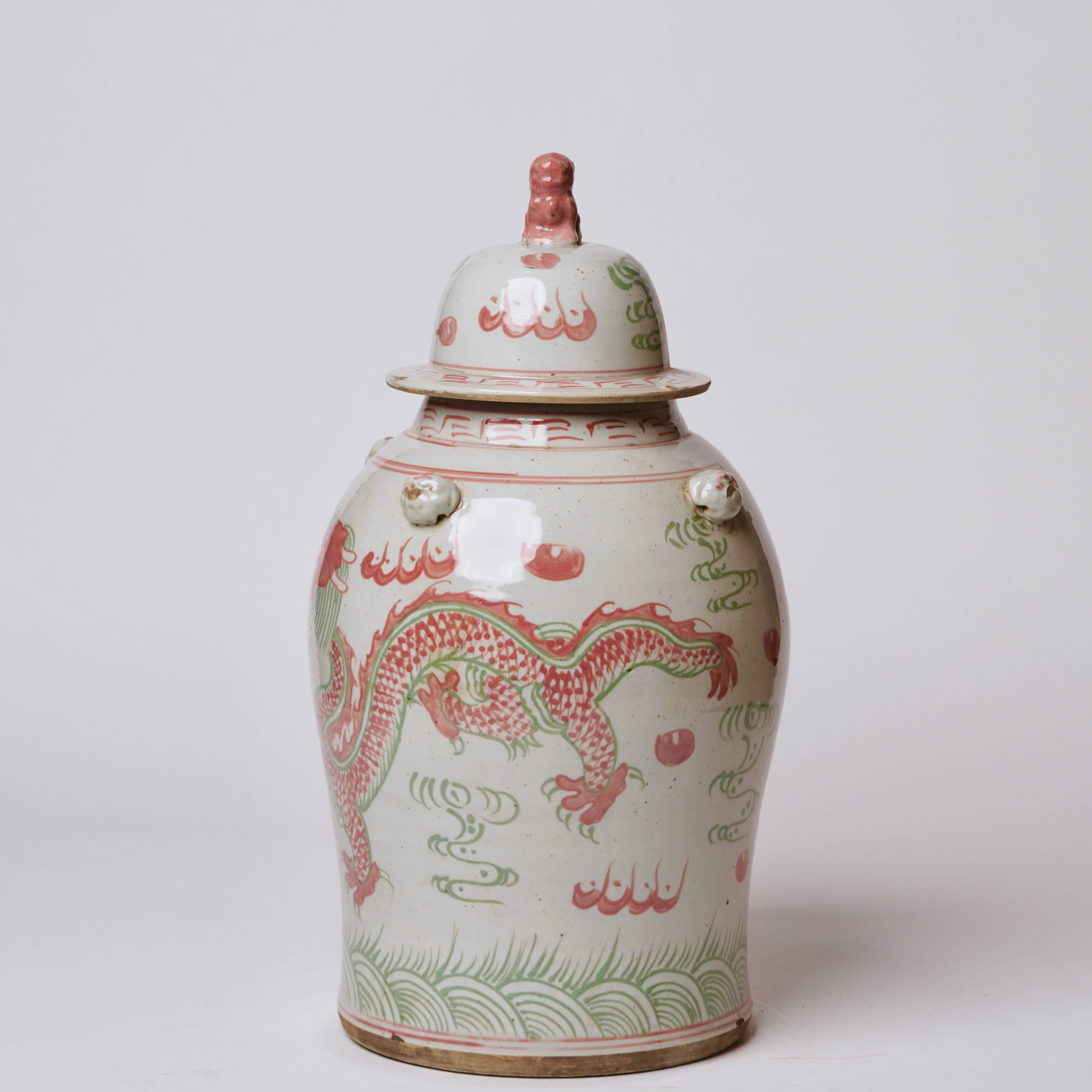 Cobalt Guild Home Decor Pink and Green Porcelain Dancing Dragon Temple Jar