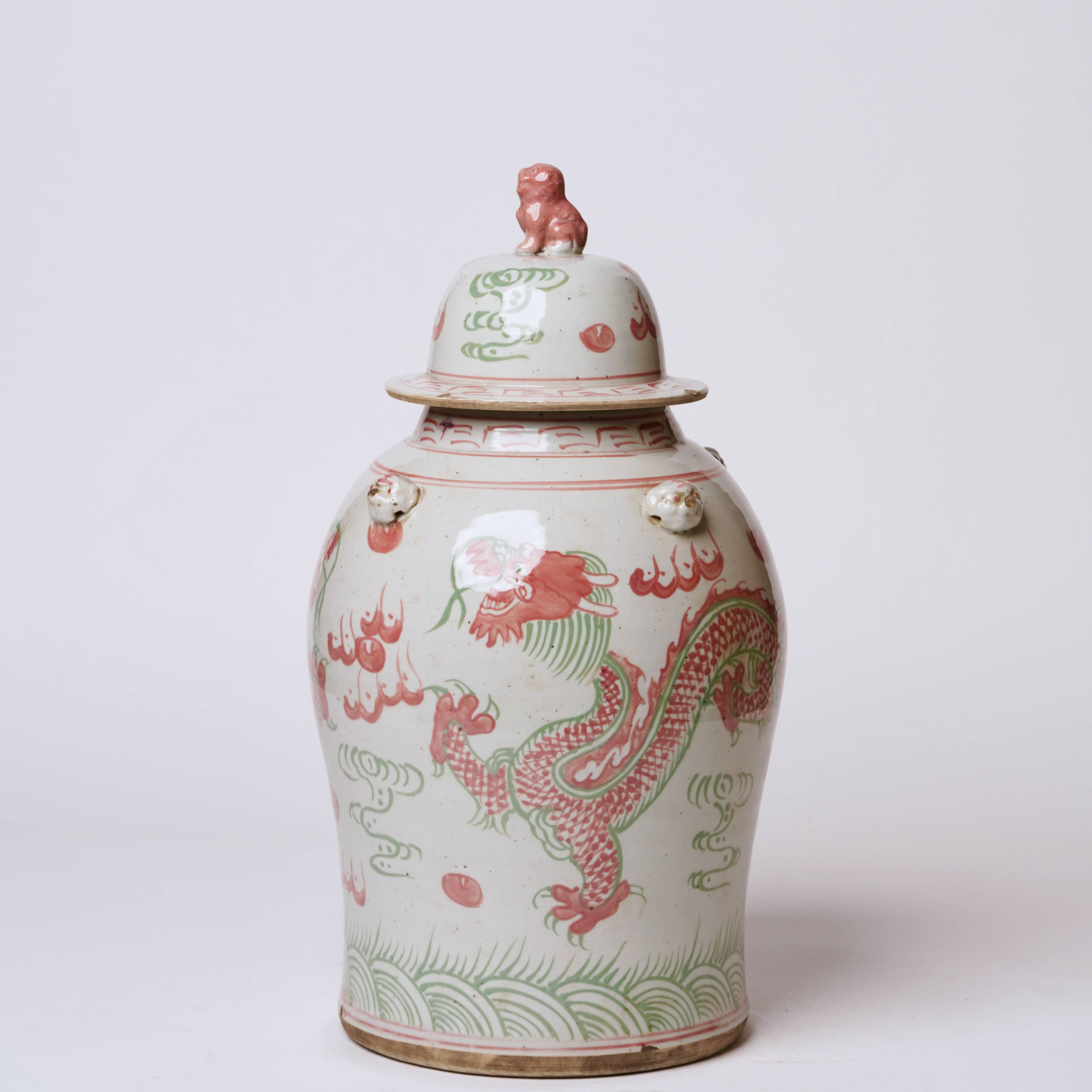 Cobalt Guild Home Decor Pink and Green Porcelain Dancing Dragon Temple Jar