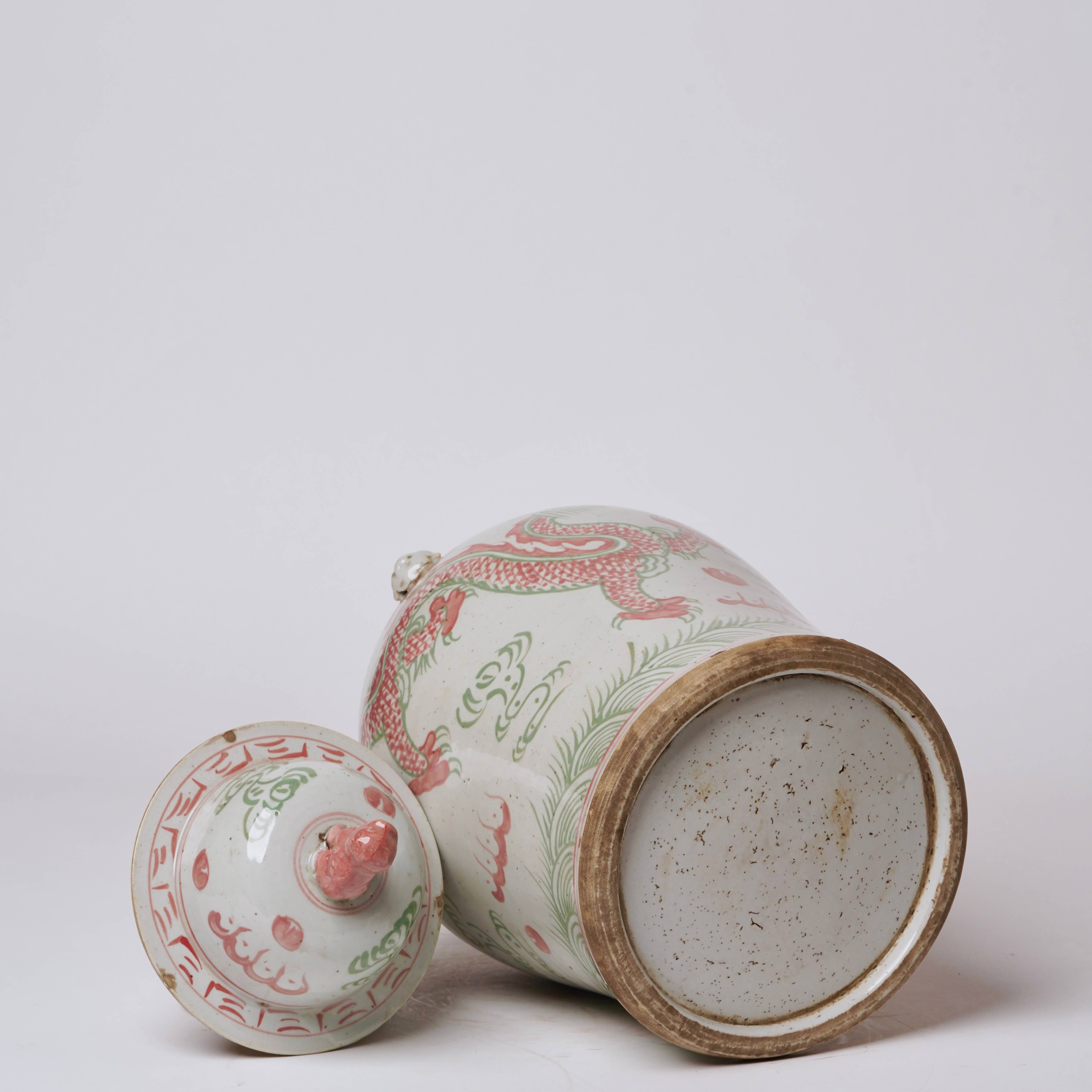 Cobalt Guild Home Decor Pink and Green Porcelain Dancing Dragon Temple Jar