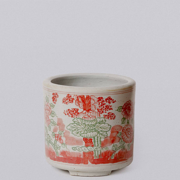 Cobalt Guild Home Decor Pink and Green Porcelain Four Seasons Footed Cachepot