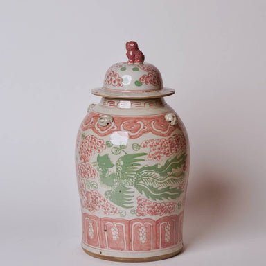 Cobalt Guild Home Decor Pink and Green Porcelain Phoenix Temple Jar