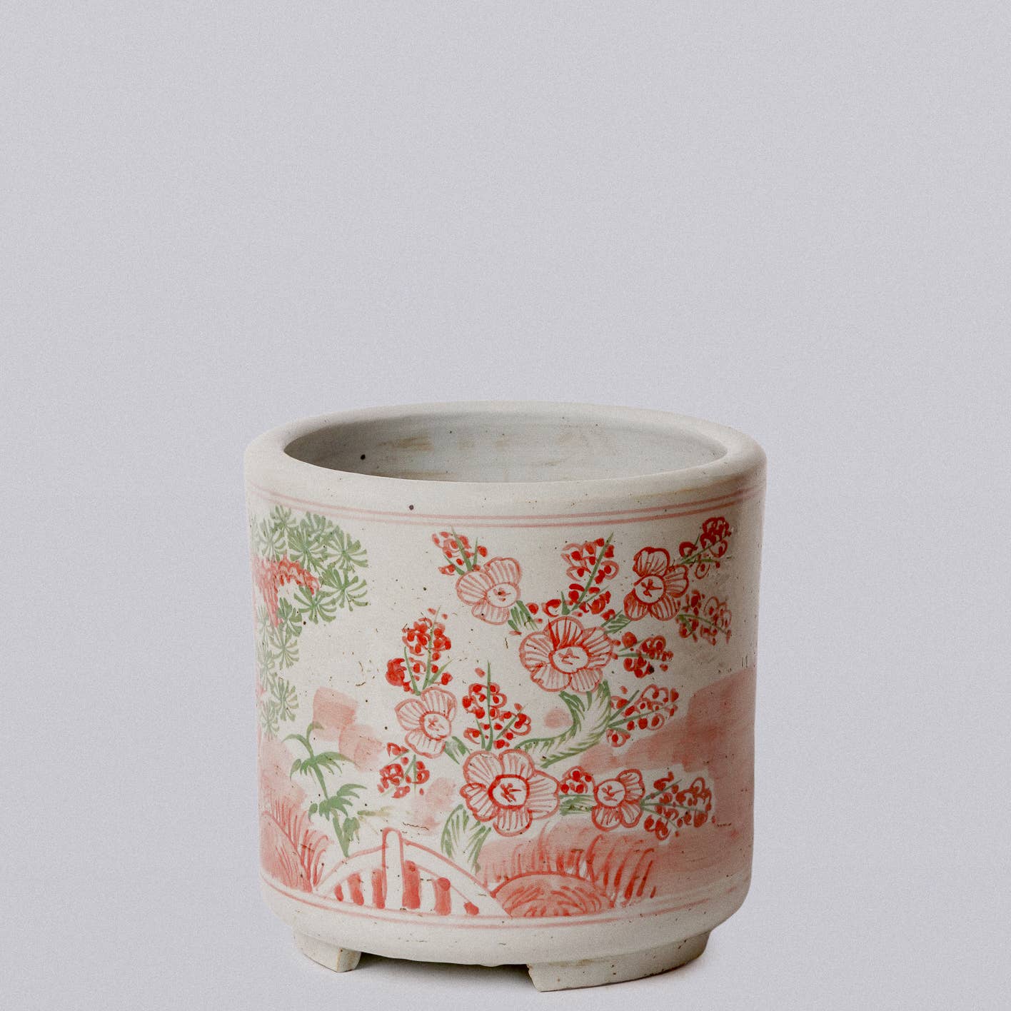 Cobalt Guild Home Decor Pink and Green Porcelain Three Friends Footed Cachepot