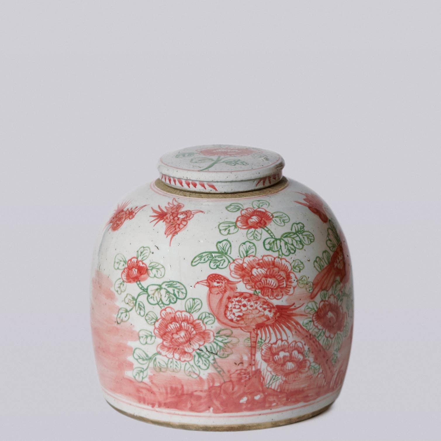 Cobalt Guild Home Decor Pink & Green Rustic Porcelain Bird & Flower Large Lidded Jar