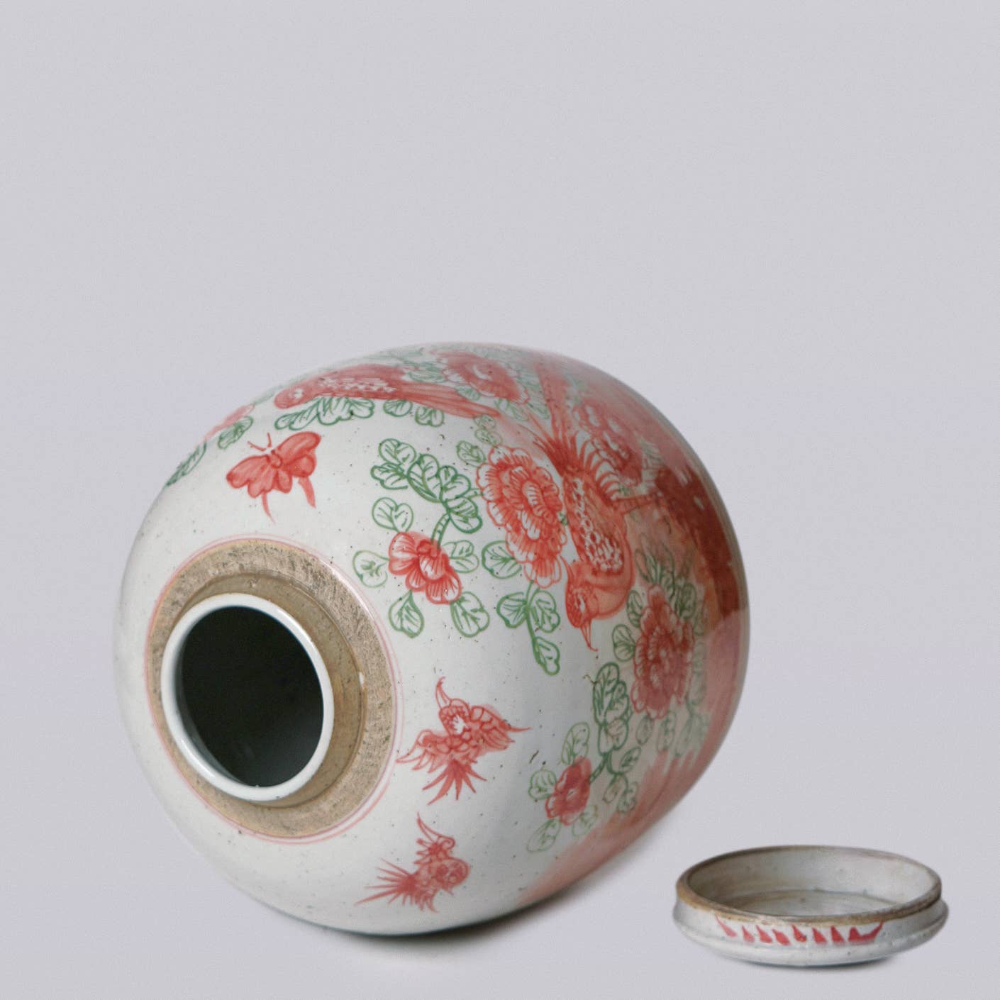 Cobalt Guild Home Decor Pink & Green Rustic Porcelain Bird & Flower Large Lidded Jar