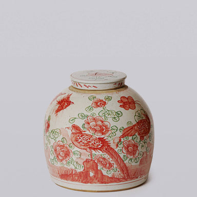 Cobalt Guild Home Decor Pink & Green Rustic Porcelain Bird & Flower Med. Lidded Jar