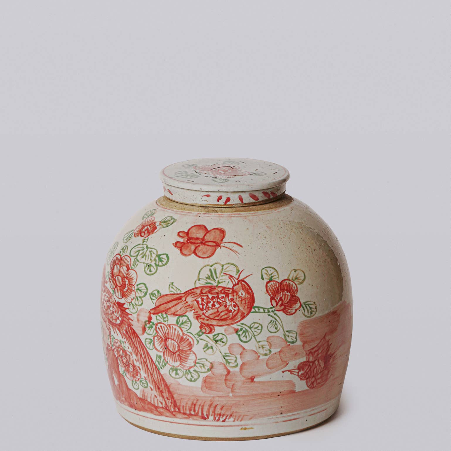 Cobalt Guild Home Decor Pink & Green Rustic Porcelain Bird & Flower Med. Lidded Jar