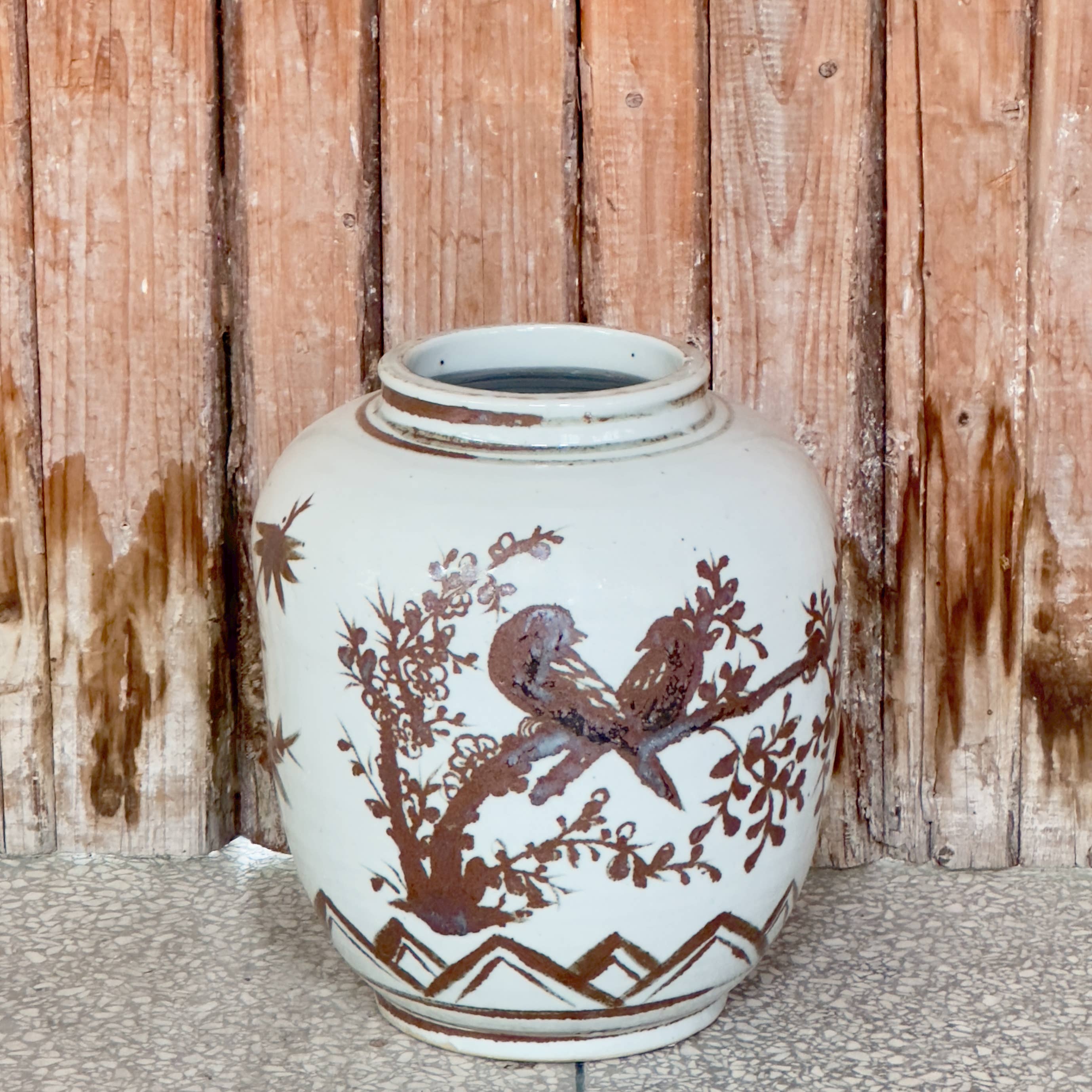 Cobalt Guild Home Decor Red and White Copper Underglaze Bird and Flower Barrel Vase