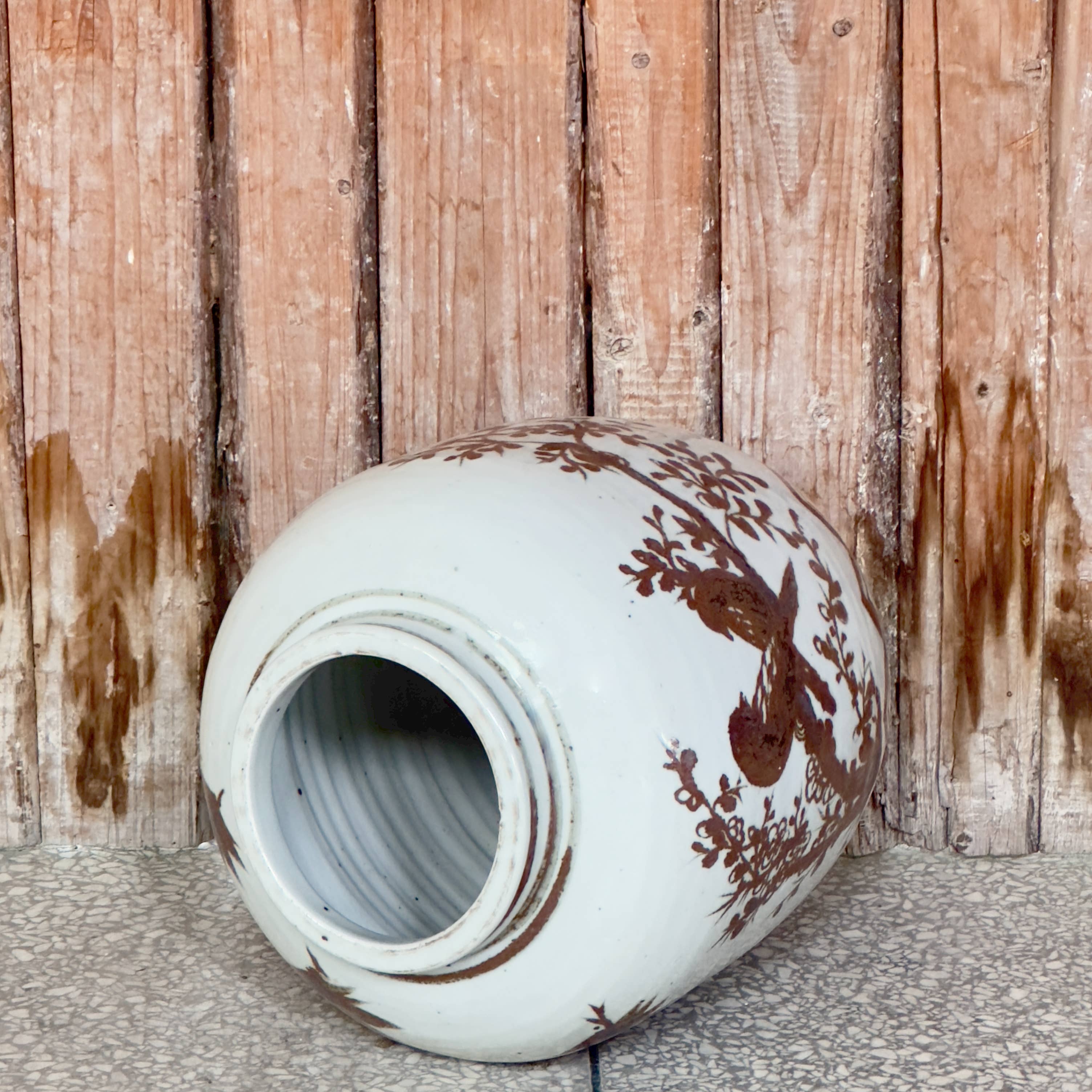 Cobalt Guild Home Decor Red and White Copper Underglaze Bird and Flower Barrel Vase