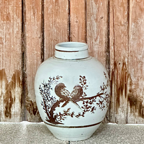 Cobalt Guild Home Decor Red and White Copper Underglaze Songbirds Barrel Vase