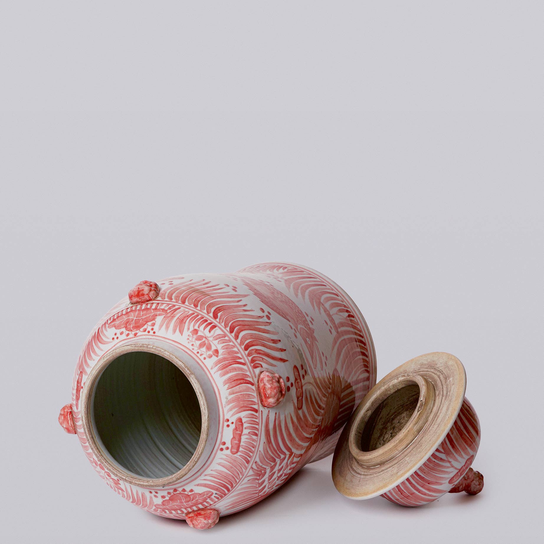 Cobalt Guild Home Decor Red and White Fish and Lotus Porcelain Temple Jar