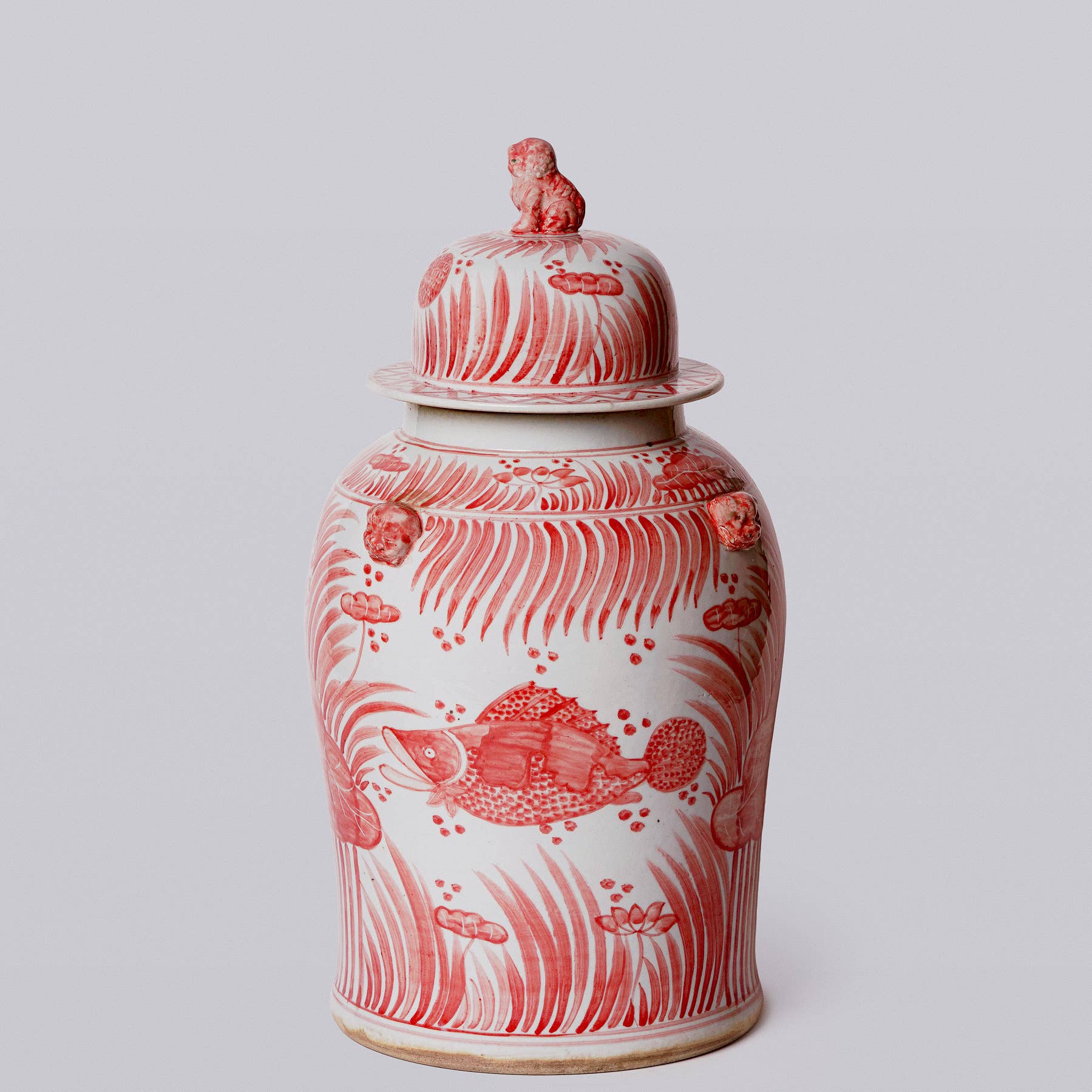 Cobalt Guild Home Decor Red and White Fish and Lotus Porcelain Temple Jar
