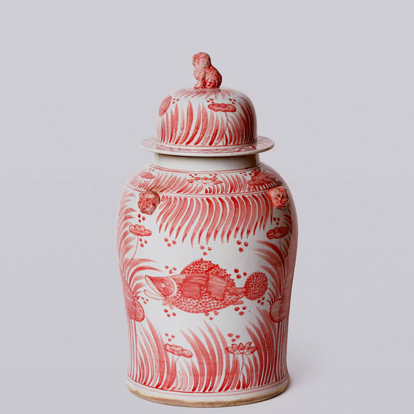 Cobalt Guild Home Decor Red and White Fish and Lotus Porcelain Temple Jar