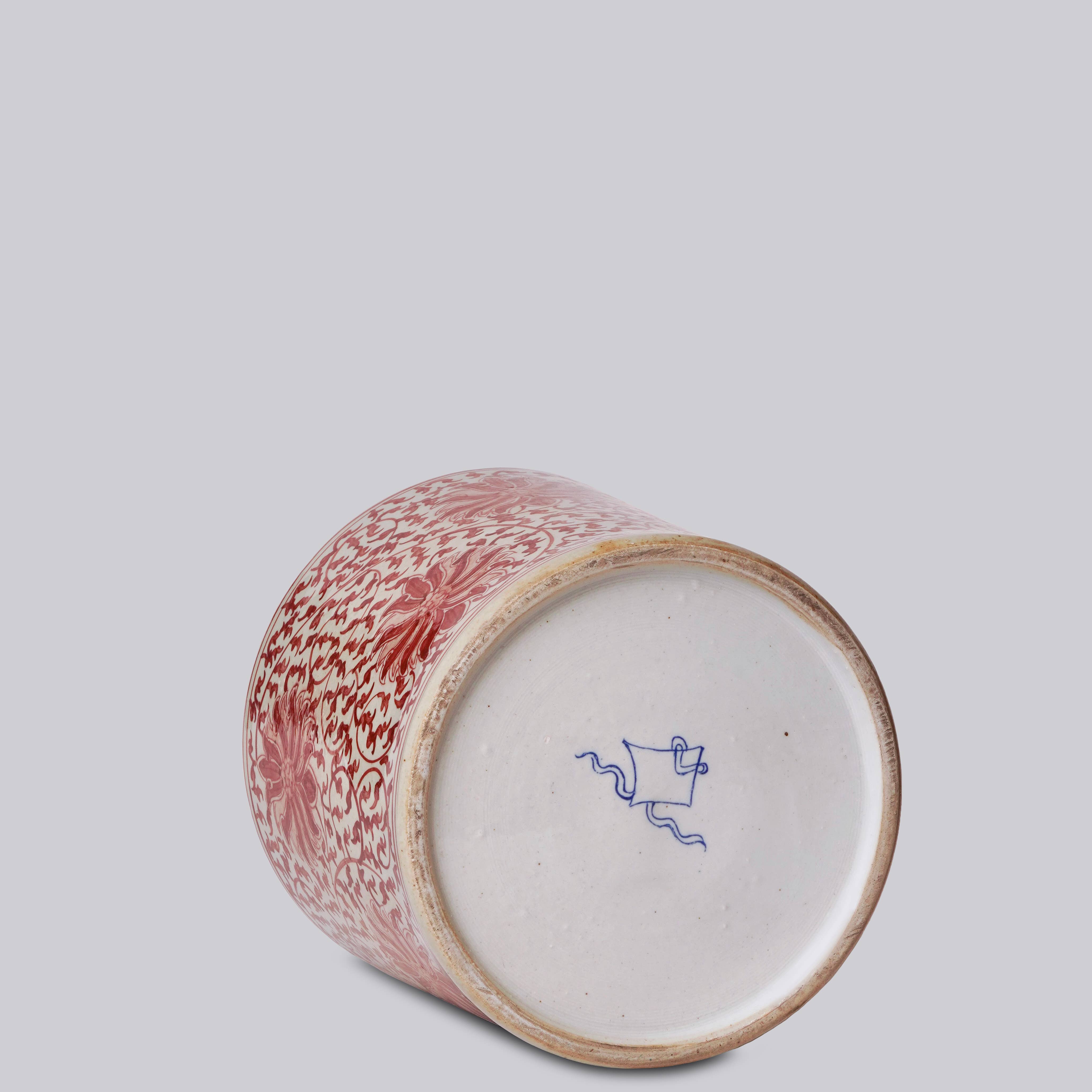 Cobalt Guild Home Decor Red and White Porcelain Scrolling Lotus Cachepot